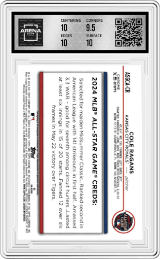 Cole Ragans from the 2024 Topps Chrome Update set featuring a Gold Refractor parallel graded by Arena Club and given an overall grade of 10.