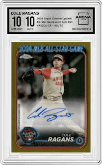 Cole Ragans from the 2024 Topps Chrome Update set featuring a Gold Refractor parallel graded by Arena Club and given an overall grade of 10.