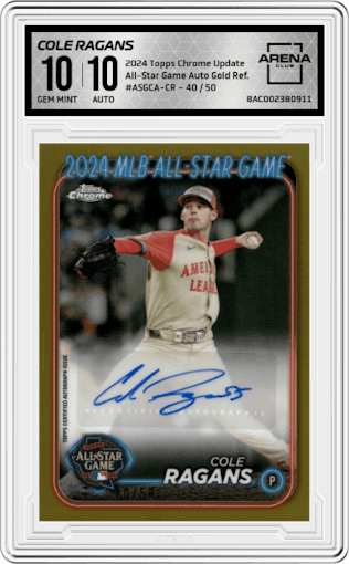 Cole Ragans from the 2024 Topps Chrome Update set featuring a Gold Refractor parallel graded by Arena Club and given an overall grade of 10.