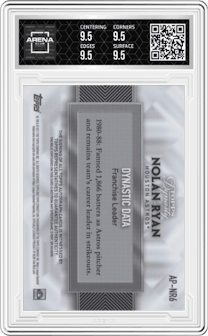 Nolan Ryan from the 2017 Topps Dynasty set featuring a Gold parallel and given an overall grade of 9.5.
