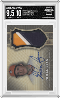 Nolan Ryan from the 2017 Topps Dynasty set featuring a Gold parallel and given an overall grade of 9.5.