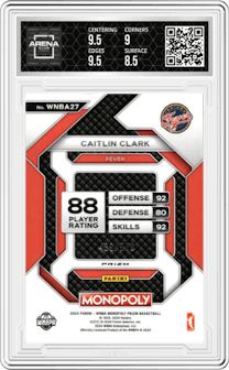 Caitlin Clark from the 2024 Panini Prizm Monopoly WNBA set featuring a Gold Millionaire Shimmer parallel graded by Arena Club and given an overall grade of 9.