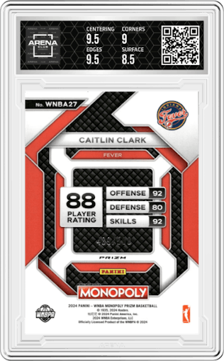Caitlin Clark from the 2024 Panini Prizm Monopoly WNBA set featuring a Gold Millionaire Shimmer parallel graded by Arena Club and given an overall grade of 9.
