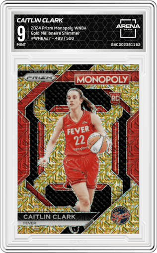 Caitlin Clark from the 2024 Panini Prizm Monopoly WNBA set featuring a Gold Millionaire Shimmer parallel graded by Arena Club and given an overall grade of 9.