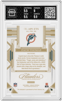 Zach Thomas  from the 2023 Panini Flawless set featuring a Silver parallel graded by Arena Club and given an overall grade of 9.5.