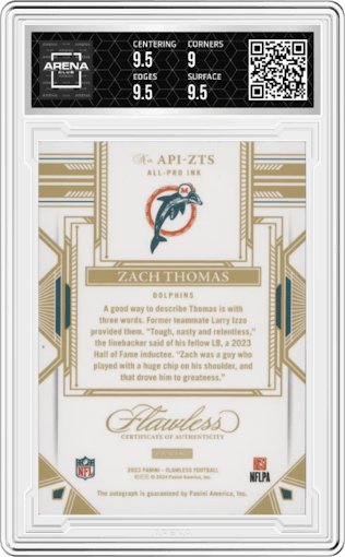 Zach Thomas  from the 2023 Panini Flawless set featuring a Silver parallel graded by Arena Club and given an overall grade of 9.5.