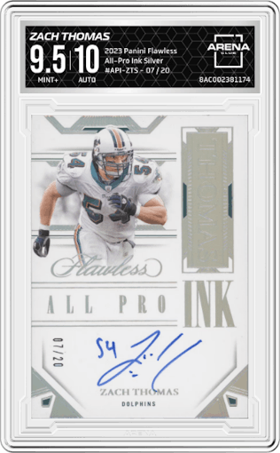 Zach Thomas  from the 2023 Panini Flawless set featuring a Silver parallel graded by Arena Club and given an overall grade of 9.5.
