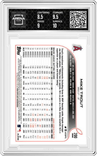 Mike Trout from the 2022 Topps Chrome set featuring a Prism Refractor parallel graded by Arena Club and given an overall grade of 9.