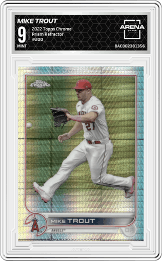 Mike Trout from the 2022 Topps Chrome set featuring a Prism Refractor parallel graded by Arena Club and given an overall grade of 9.