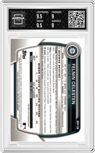 Felnin Celesten from the 2023 Bowman Chrome Mega Box set graded by Arena Club and given an overall grade of 9.5.