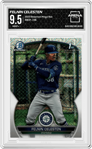 Felnin Celesten from the 2023 Bowman Chrome Mega Box set graded by Arena Club and given an overall grade of 9.5.
