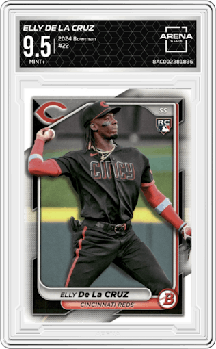 Elly De La Cruz from the 2024 Bowman set graded by Arena Club and given an overall grade of 9.5.