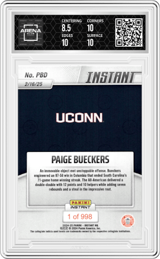 Paige Bueckers from the 2024 Panini NIL set graded by Arena Club and given an overall grade of 9.