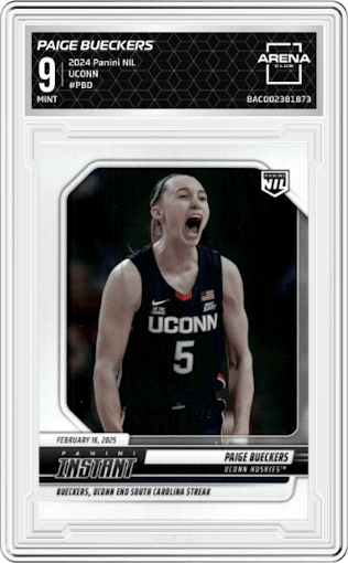 Paige Bueckers from the 2024 Panini NIL set graded by Arena Club and given an overall grade of 9.