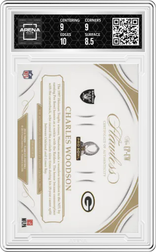 Charles Woodson from the 2018 Panini Flawless set featuring a Silver parallel graded by Arena Club and given an overall grade of 9.