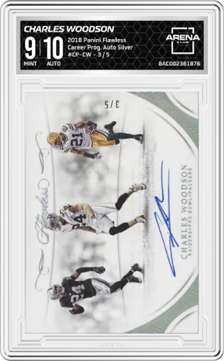 Charles Woodson from the 2018 Panini Flawless set featuring a Silver parallel graded by Arena Club and given an overall grade of 9.