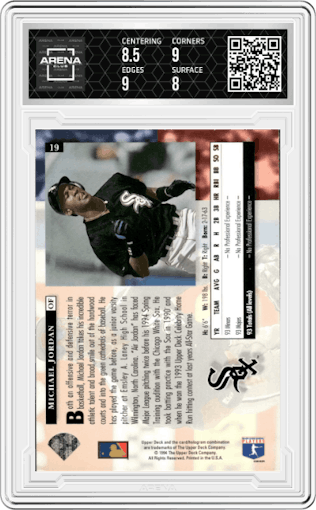 Michael Jordan from the 1994 Upper Deck set graded by Arena Club and given an overall grade of 8.5.