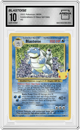 Blastoise from the 2021 Pokemon SWSH set featuring a Base Set parallel graded by Arena Club and given an overall grade of 10.