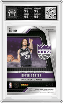 Devin Carter from the 2024-25 Panini Prizm set featuring a Mojo Prizm parallel graded by Arena Club and given an overall grade of 9.5.