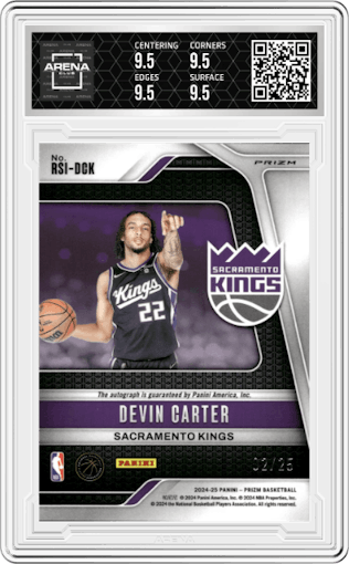 Devin Carter from the 2024-25 Panini Prizm set featuring a Mojo Prizm parallel graded by Arena Club and given an overall grade of 9.5.