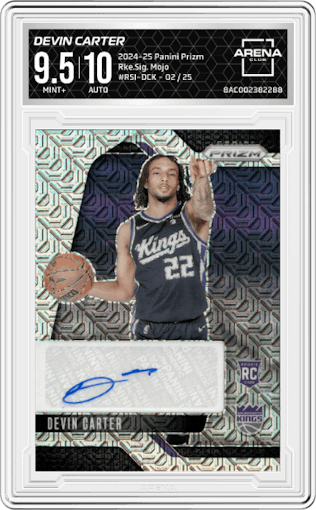 Devin Carter from the 2024-25 Panini Prizm set featuring a Mojo Prizm parallel graded by Arena Club and given an overall grade of 9.5.