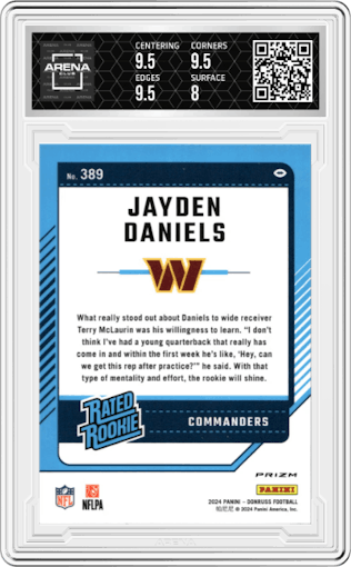 Jayden Daniels from the 2024 Donruss set featuring a Red Wave parallel graded by Arena Club and given an overall grade of 8.5.