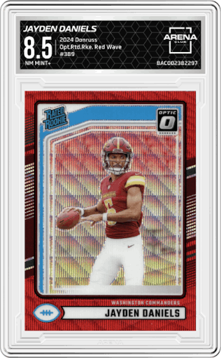 Jayden Daniels from the 2024 Donruss set featuring a Red Wave parallel graded by Arena Club and given an overall grade of 8.5.