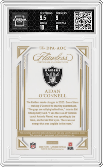 Aidan O'Connell from the 2023 Panini Flawless set graded by Arena Club and given an overall grade of 9.5.