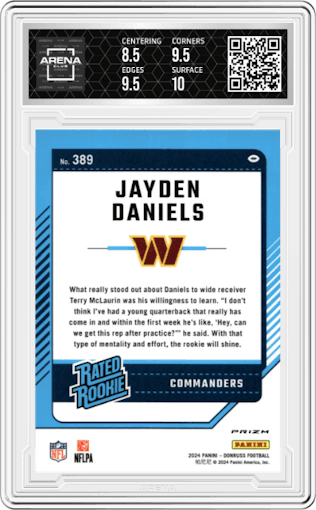 Jayden Daniels from the 2024 Donruss set featuring a Pink parallel graded by Arena Club and given an overall grade of 9.