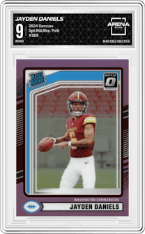 Jayden Daniels from the 2024 Donruss set featuring a Pink parallel graded by Arena Club and given an overall grade of 9.