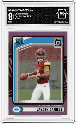Jayden Daniels from the 2024 Donruss set featuring a Pink parallel graded by Arena Club and given an overall grade of 9.