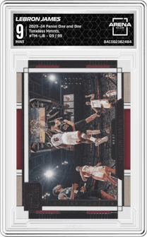 LeBron James from the 2023-24 Panini One and One set graded by Arena Club and given an overall grade of 9.