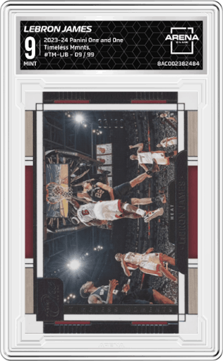 LeBron James from the 2023-24 Panini One and One set graded by Arena Club and given an overall grade of 9.