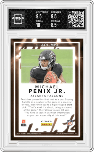 Michael Penix Jr.  from the 2024 Panini Spectra set graded by Arena Club and given an overall grade of 9.