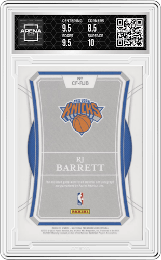 RJ Barrett from the 2020-21 Panini National Treasures set graded by Arena Club and given an overall grade of 9.