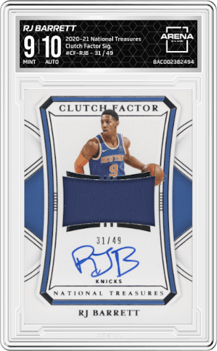 RJ Barrett from the 2020-21 Panini National Treasures set graded by Arena Club and given an overall grade of 9.