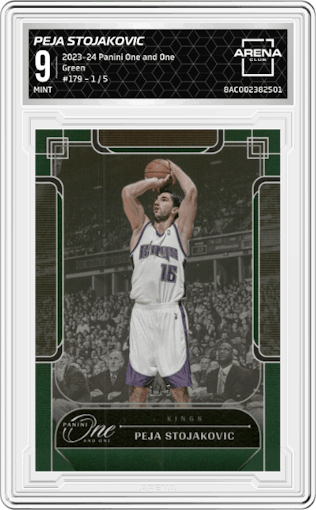 Peja Stojakovic from the 2023-24 Panini One and One set featuring a Green parallel graded by Arena Club and given an overall grade of 9.