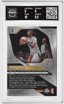 Angel Reese  from the 2024 Panini Prizm WNBA set featuring a Purple Prizm parallel graded by Arena Club and given an overall grade of 9.5.