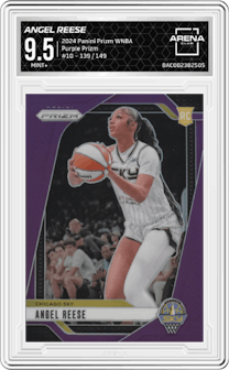 Angel Reese  from the 2024 Panini Prizm WNBA set featuring a Purple Prizm parallel graded by Arena Club and given an overall grade of 9.5.