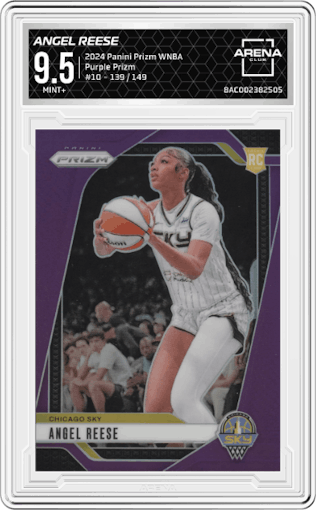 Angel Reese  from the 2024 Panini Prizm WNBA set featuring a Purple Prizm parallel graded by Arena Club and given an overall grade of 9.5.