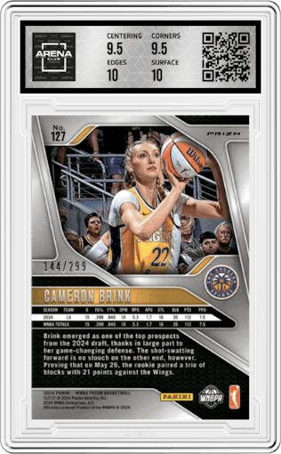 Cameron Brink from the 2024 Panini Prizm WNBA set featuring a Red Prizm parallel graded by Arena Club and given an overall grade of 10.