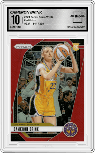 Cameron Brink from the 2024 Panini Prizm WNBA set featuring a Red Prizm parallel graded by Arena Club and given an overall grade of 10.