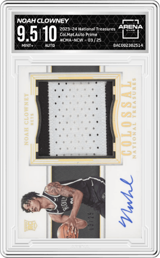 Noah Clowney from the 2023-24 Panini National Treasures set featuring a Prime parallel graded by Arena Club and given an overall grade of 9.5.