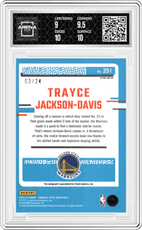 Trayce Jackson-Davis  from the 2023-24 Donruss Optic set featuring a Choice Blue parallel graded by Arena Club and given an overall grade of 9.5.