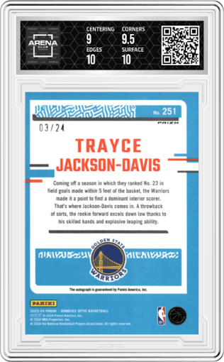 Trayce Jackson-Davis  from the 2023-24 Donruss Optic set featuring a Choice Blue parallel graded by Arena Club and given an overall grade of 9.5.