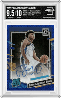 Trayce Jackson-Davis  from the 2023-24 Donruss Optic set featuring a Choice Blue parallel graded by Arena Club and given an overall grade of 9.5.