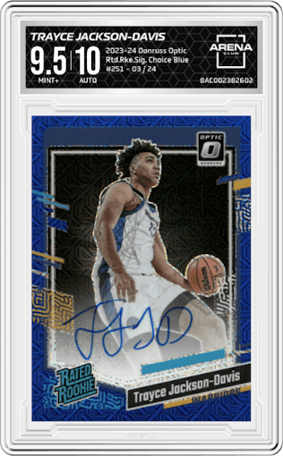 Trayce Jackson-Davis  from the 2023-24 Donruss Optic set featuring a Choice Blue parallel graded by Arena Club and given an overall grade of 9.5.