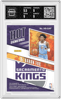 De'Aaron Fox from the 2018-19 Panini NBA Hoops  set graded by Arena Club and given an overall grade of 9.
