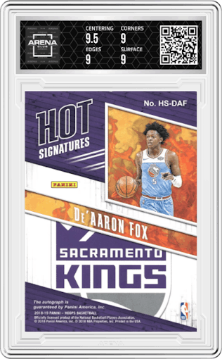 De'Aaron Fox from the 2018-19 Panini NBA Hoops  set graded by Arena Club and given an overall grade of 9.