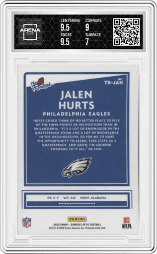 Jalen Hurts from the 2020 Panini Donruss Optic set graded by Arena Club and given an overall grade of 7.5.